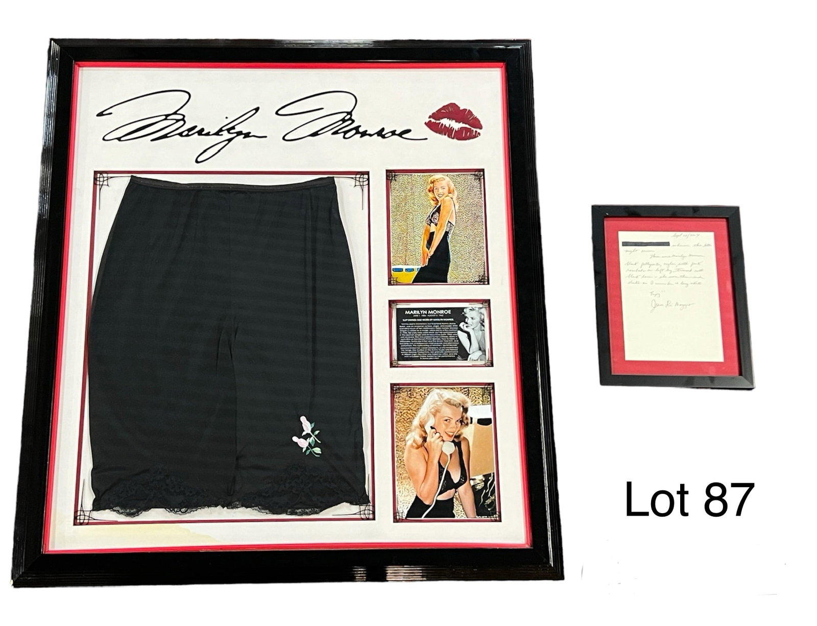 Marilyn Monroe Pettipants With Provenance Letter from June DiMaggio: A pair of black nylon pettipants with pink rose bud applique and lace trimmed hem owned and worn by Hollywood icon, Marilyn Monroe. This piece is presented in a showcase frame with two photos of the a