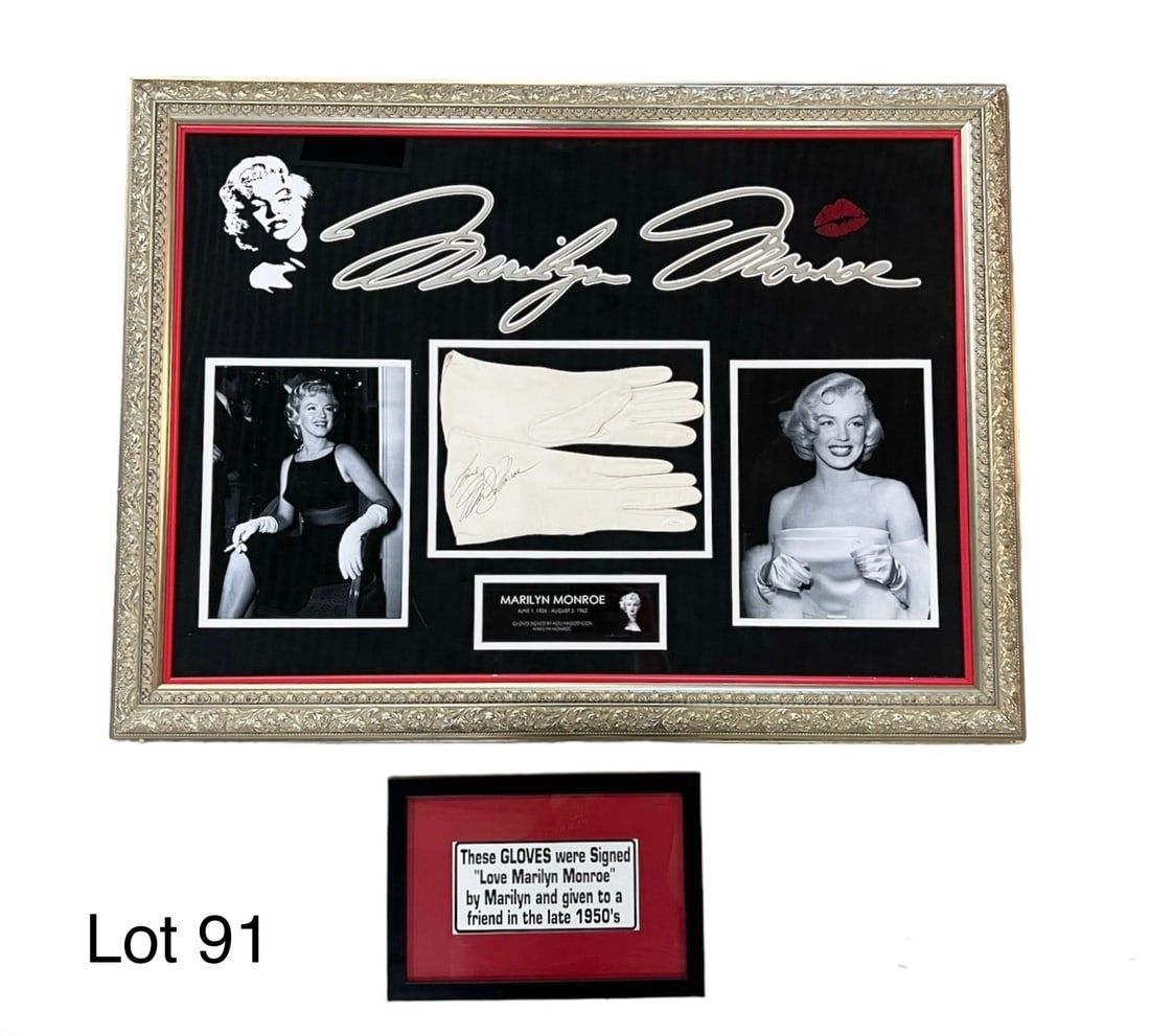 Pair of White Gloves Signed by Marilyn Monroe: A pair of white leather gloves signed by Marilyn Monroe. Presented in a showcase frame with two 8" x 10" photos of the the Hollywood icon wearing the gloves. The gloves were signed "Love Marilyn Monro