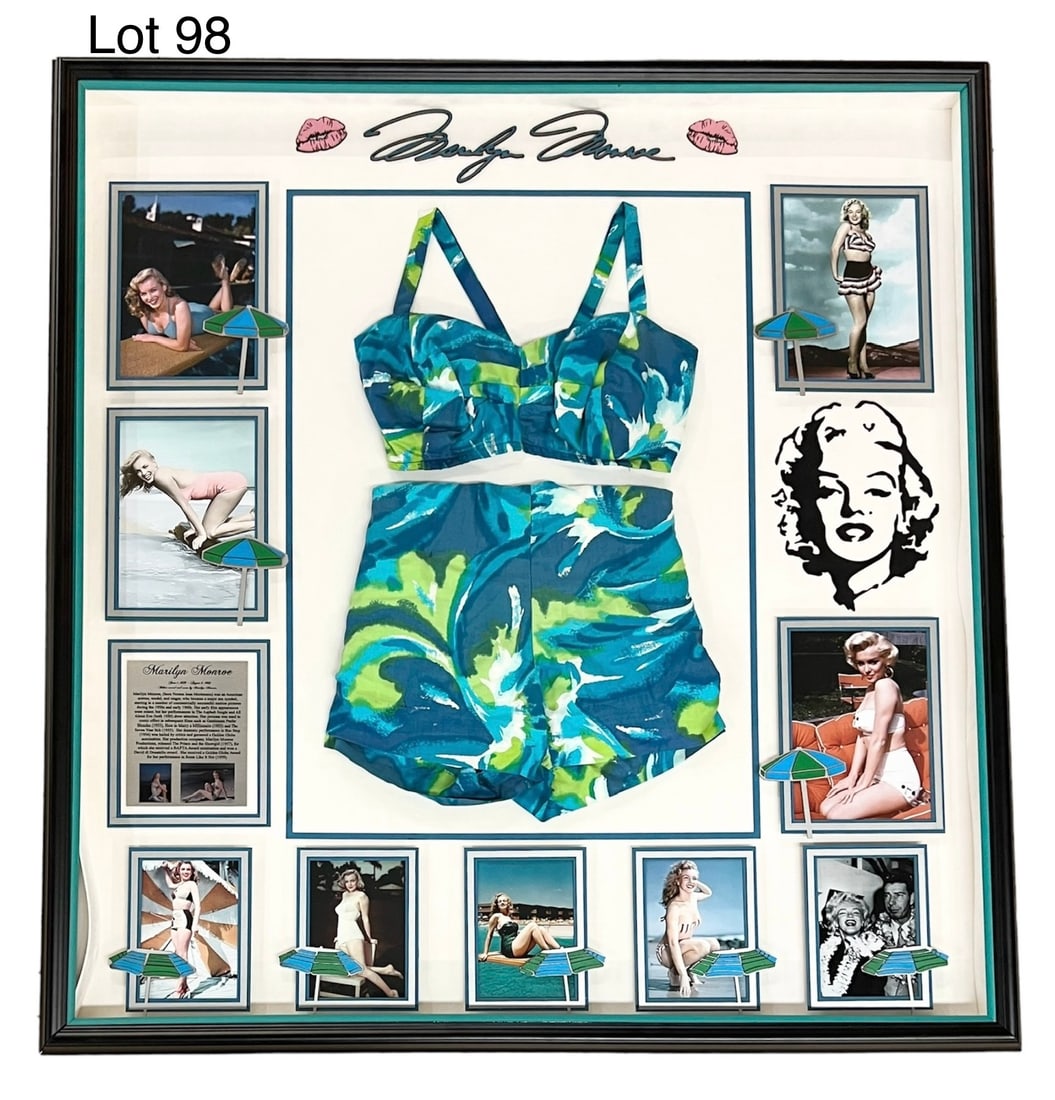 Marilyn Monroe Bathing Suit With Provenance Letter from June Dimaggio: A two piece bathing suit owned and worn by Hollywood icon, Marilyn Monroe. Presented in a showcase frame with several photos of Marilyn in a variety of bathing suits. This piece comes with a letter of