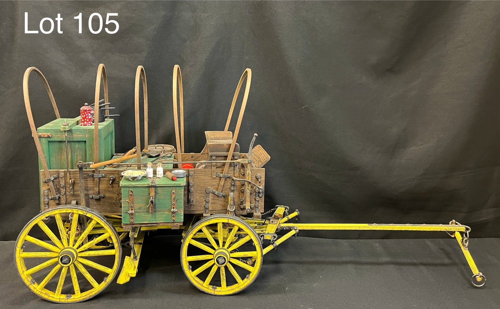 Handmade Miniature Cowboy "Chuck Wagon" by Roy Luttrell: An impressive, highly detailed miniature cowboy "chuck wagon" by noted artist, Roy Luttrell, who is well known for his miniature, horse drawn vehicles from the old west. This item is complete in its p