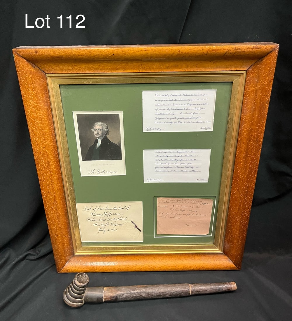 Thomas Jefferson Lock of Hair & Peace Pipe: An exceptionally rare and historically significant set of two pieces of memorabilia from the life of Thomas Jefferson. The first is an American Indian peace pipe, presented to Thomas Jefferson in 1781