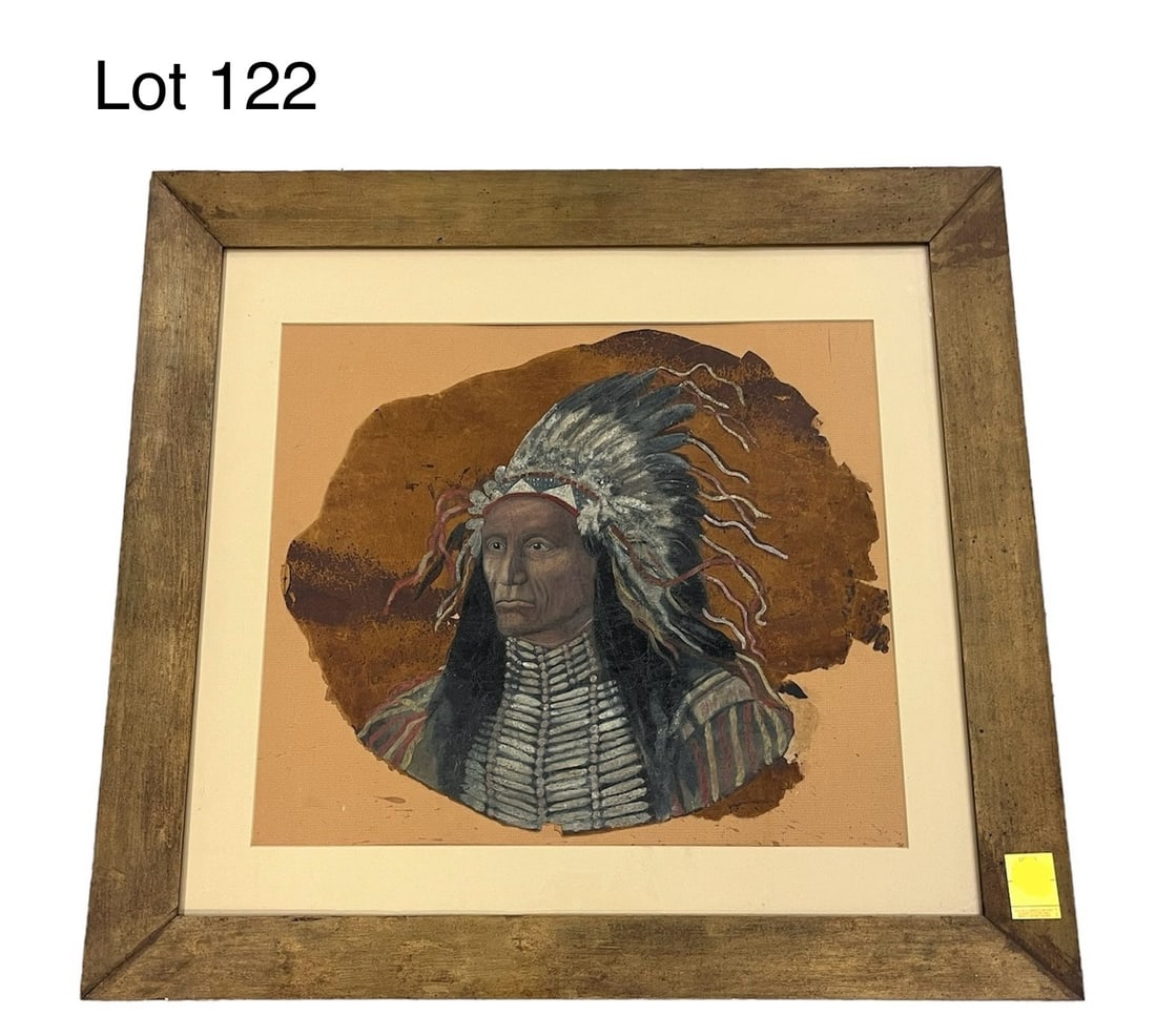 Antique American Indian Painting on Deer Hide: An antique painting of an American Indian Chief in full regalia. Painted on deer hide, age noted around the edges dates piece to mid-late 19th c., with a writ initial "TLD" at the bottom left. Piece m