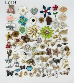 Costume Brooch Lot Featuring Botanical and Wildlife Themes