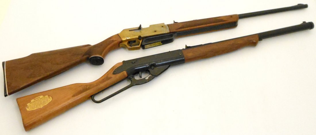 Model 799 BB / Pellet Rifle and Daisy 95 BB Gun: Lot of two. "Ted Williams" model 799 BB or .177 cal pellet rifle by Sears Roebuck and Co., pump-up pneumatic rifle in great working condition, gold finish shows wear. Daisy model 95 BB Gun, wood stock