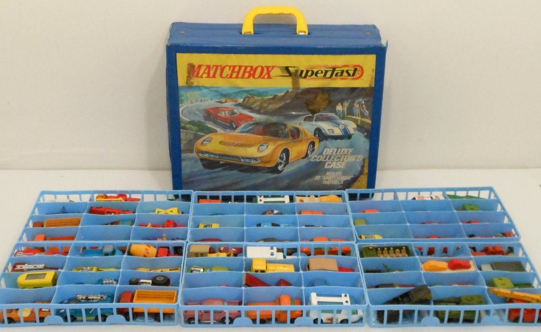 Matchbox Superfast Carrying Case w Cars #1: Matchbox Superfast Carrying Case in three sections each with two 12 trays, total of 72 vehicles, most are Matchbox Superfast series 1970's and some older. All are well played condition. Case in fair c