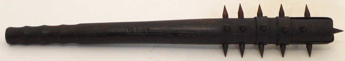 WWI Spiked Trench Mace: 23" long wood handle with 21 metal spikes, trench mace or death club used for trench fighting, marked, Excellent condition.