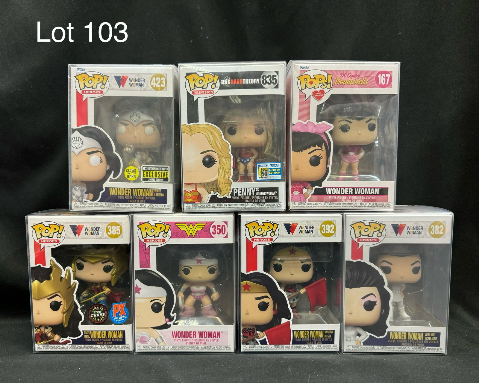 Lot of Wonder Woman Funko Pops: A lot of seven Wonder Woman Funko Pops. Includes: #350 BCA Pink Wonder Woman, #385 limited ed Glow Chase PX Previews Exclusive Death Metal Wonder Woman, #382 Ultra Mod Secret Agent Wonder Woman, #423 