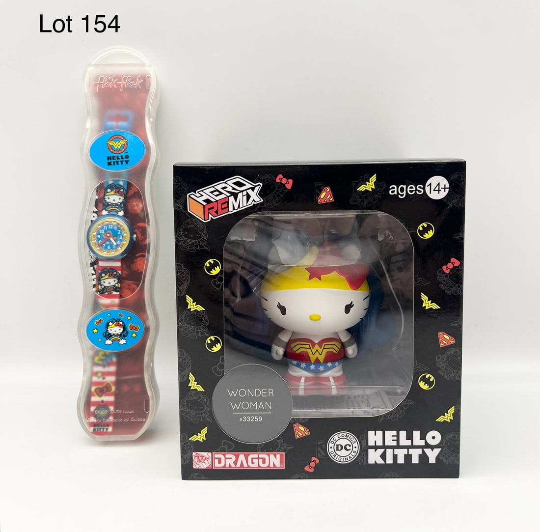 Hello Kitty x Wonder Woman Collab Lot: Hello Kitty x Wonder Woman lot with a Hero REMix Hello Kitty figure dressed as Wonder Woman (#33259) and a Swatch flik-flak Hello Kitty x Wonder Woman themed child's wrist watch. Both items are new in