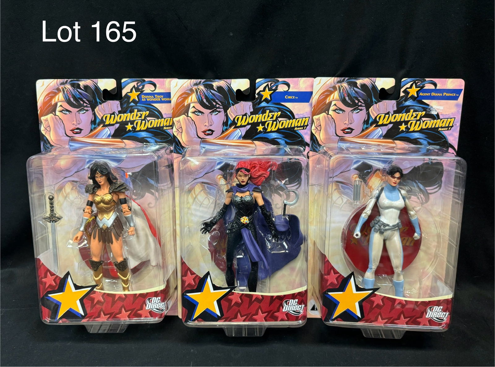 Lot of DC Direct Series 1 Wonder Woman Action Figures: A lot of three DC Direct Series 1 Wonder Woman action figures. Includes Donna Troy as Wonder Woman, Circe, and Agent Diana Prince. All never opened, mint in box.