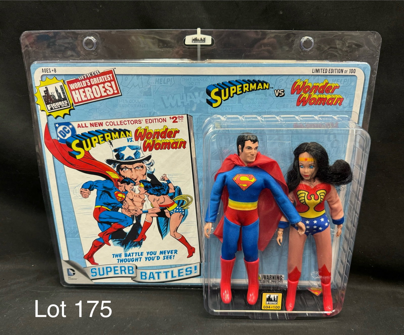 DC Figures Toy Co. World's Greatest Heroes Superman & Wonder Woman Figures: A DC Comics 'Official World's Greatest Heroes' Superman & Wonder Woman Superb Battles! 2-Pack by Figures Toy Co. Limited edition #34/100, mint condition.