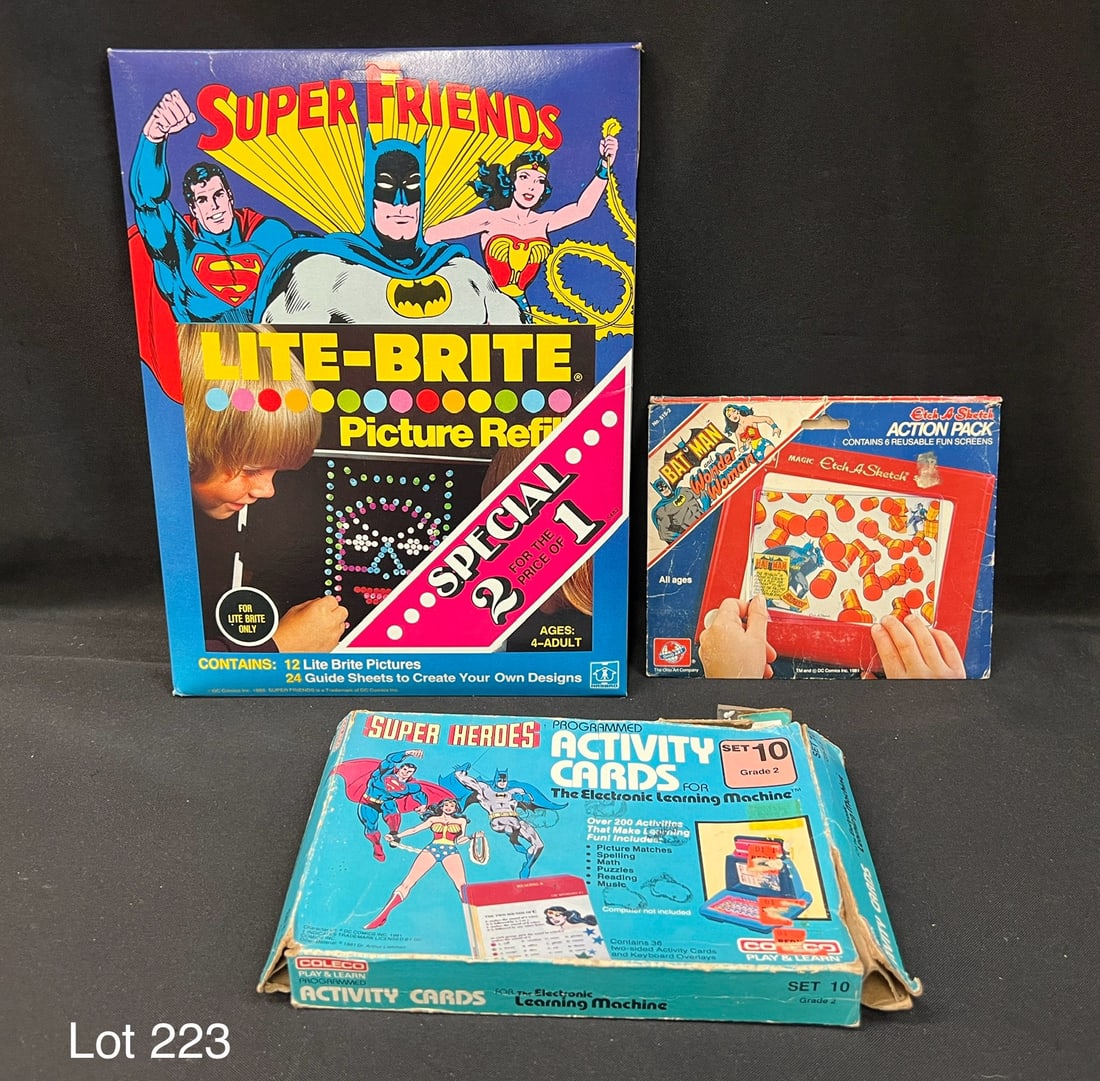 Group of Super Friends Refills and Activity Packs for Etch a Sketch, Lite-Brite and More: Trio of Super Friends refill/expansion sets for popular toys of the 1980s. Includes 1) Sealed 1980 Super Friends Lite-Brite Picture Refill by Hasbro. 2) 1981 Batman and Wonder Woman Etch A Sketch acti