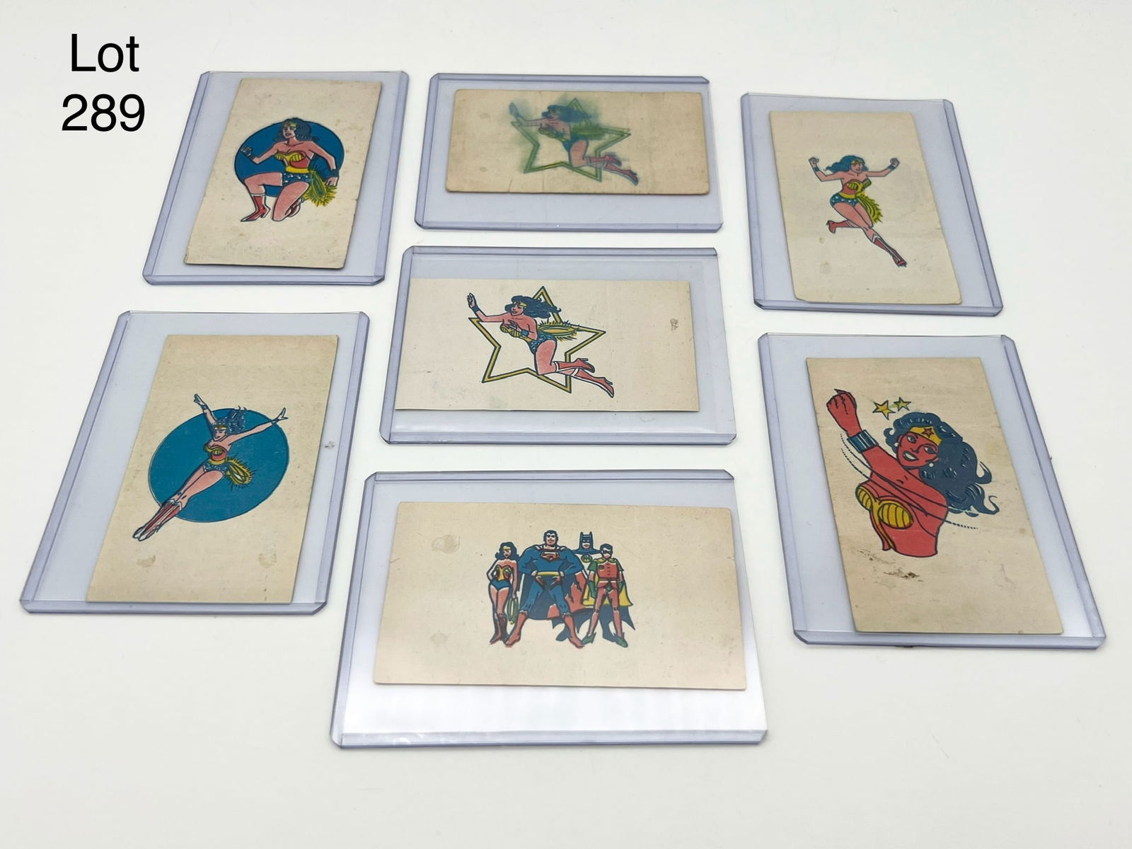 Group of 7 Rare 1980s Super Heroes Bubble Gum Tattoos From Argentina Featuring Wonder Woman (1 of 9)
