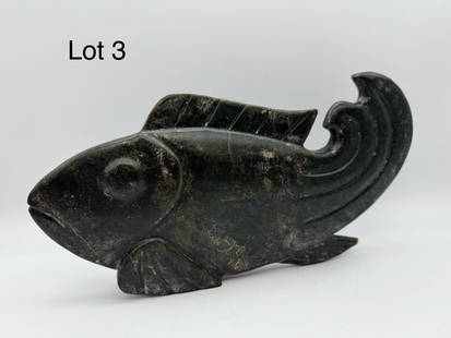 Hardstone Carved Fish: Standing hardstone carved fish sculpture. Measures 6" x 12".