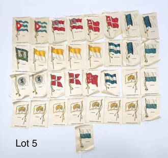 Collection of Antique Tobacco Silk Flags: Group of 33 early 20th century tobacco silk flags. Includes Havana, Samoa, Bavaria, Honduras, Burmah, Hannover, Egypt, Cuba and others. Each piece measures 3" x 2". *notes- wear with age
