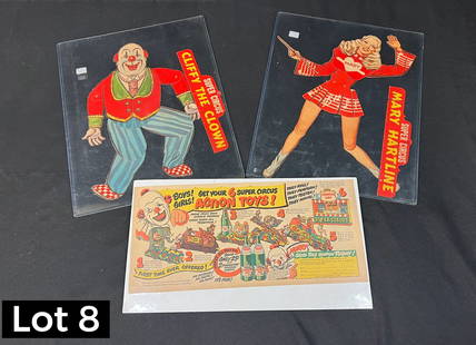 Collection of Super Circus Ephemera Including Paper Puppets: A group of vintage mid century Super Circus ephemera. The lot includes Mary Hartline and Cliffy the Clown paper marionette puppets and a vintage add for Super Circus/Canada Dry promotional toys. The