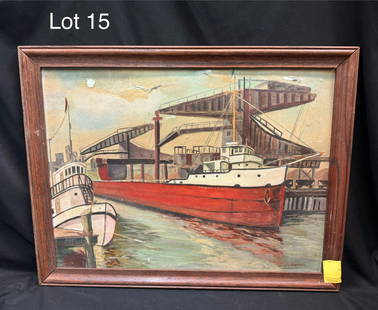 Oil on Canvas Dock Scene by James V. Maxfield: An oil on canvas painting of an industrialized port by James V. Maxfield. Signed and dated 1927 at the bottom right corner. Piece measures 26 1/2" x 20 1/4", 23 1/4" x 17" site. *note - paint