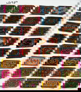 Collection of Miniature Cigarette Felt Dollhouse Rugs: Group of 33 vibrantly colored miniature cigarette felt Oriental/Persian style dollhouse rugs with silk fringe. Each measures 4 1/2" x 2".