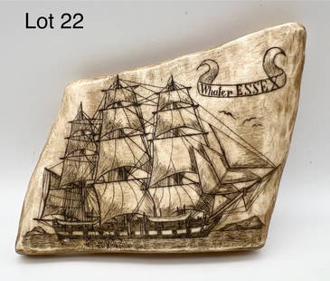 Scrimshaw Carved Antler: A contemporary antler carving engraved in "scrimshaw" style depicting the whaling ship, Essex. Dimensions are 6 1/2" x 4 1/4" x 1".