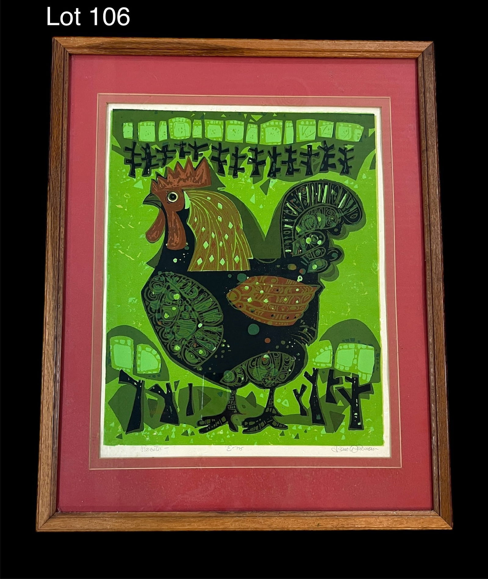 Signed David Weidman "Rooster" Serigraph: Signed "Rooster" serigraph by American artist, David Weidman (1921-2014). Signed in pencil by artist on bottom right. Piece shows a rooster with background of trees in green, red and black. Presented