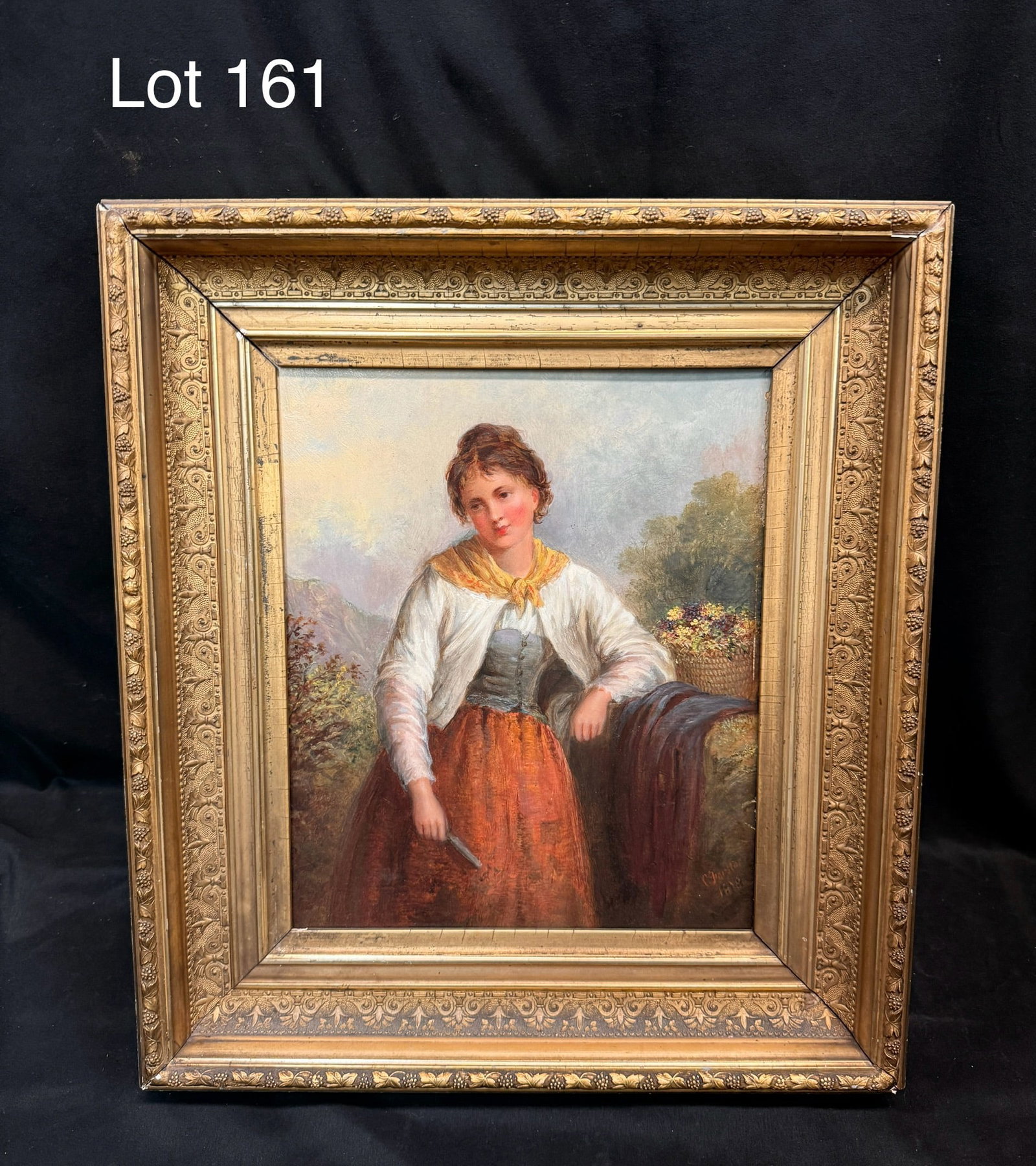 19th C. Oil Painting in Gilt Frame: A 19th c. oil on canvas portrait of a woman in period attire in an elegant leaf and berry gilt frame. Signed and dated 1878 at the bottom right. Piece measures 16" x 18", 10" x 12" site. https://estat
