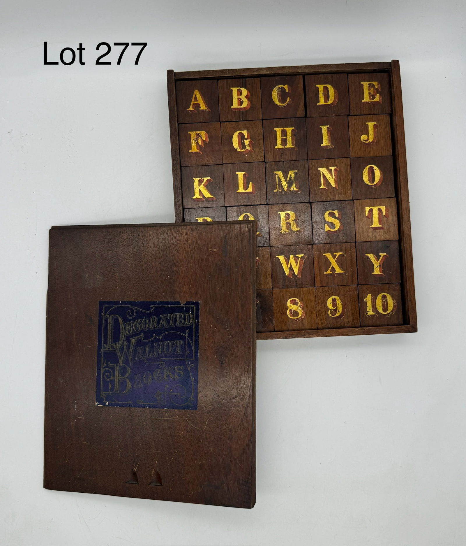 Antique Set of Decorated Walnut Alphabet Blocks in Original Box (1 of 11)