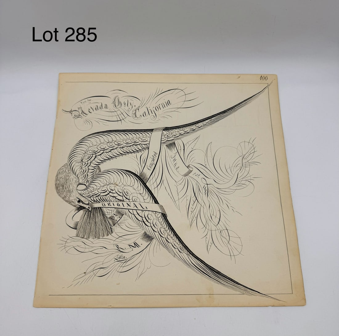 Stunning Example of Late Victorian Pen and Ink Illustration C1894: Stunning example of a late Victorian pen and ink illustration. Designed and executed by Richard M Nettle in 1894, this page features the a highly flourished Eagle with the banner reading: 'Original RM