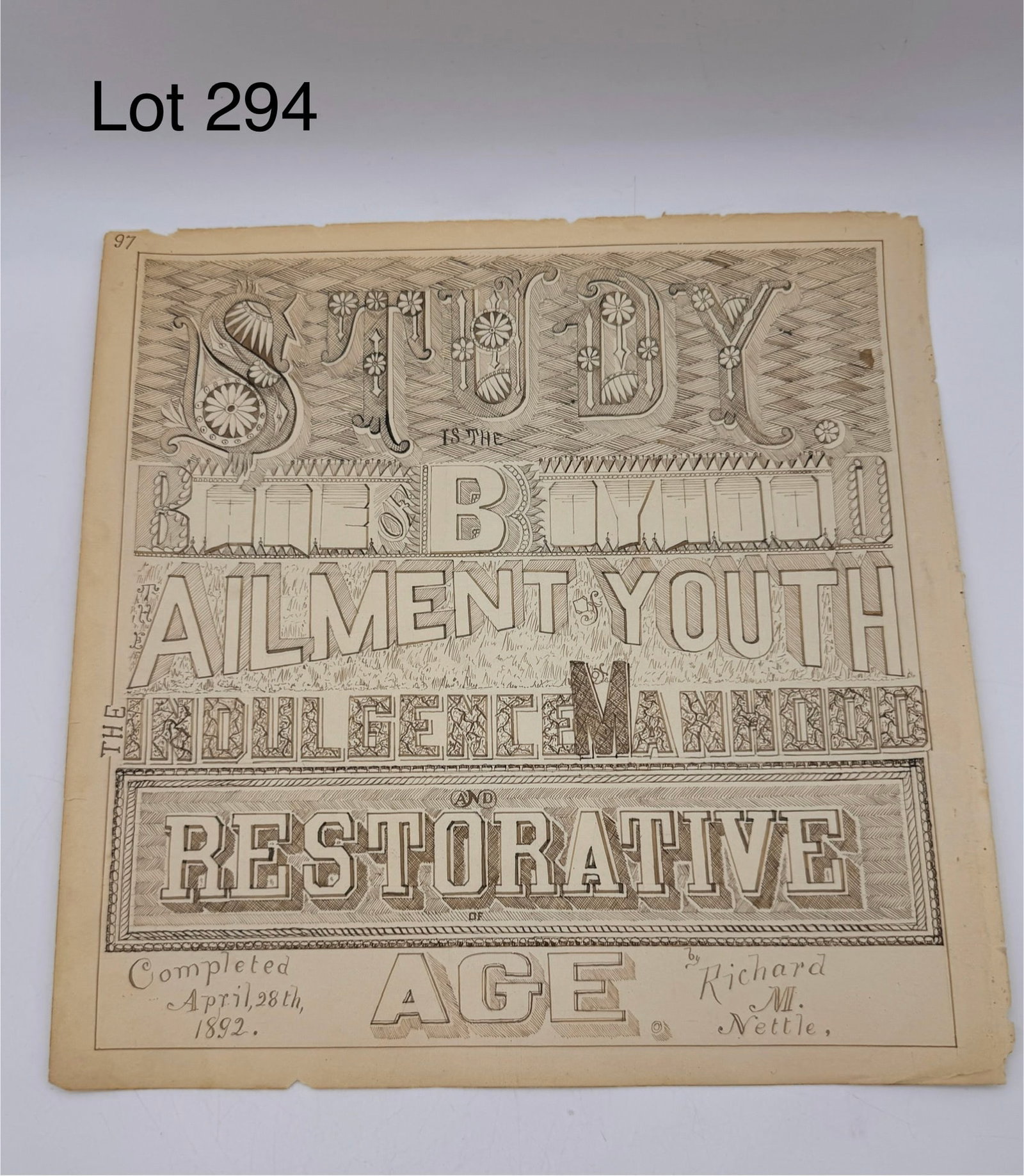 Beautiful Pen and Ink Victorian Ornamental Calligraphy Illustration C1892: Beautiful example of a late Victorian penmanship illustration. Designed and executed by Richard M Nettle in 1892, this page features the phrase 'Study Is The Bane of Boyhood, The Ailment of Youth, The