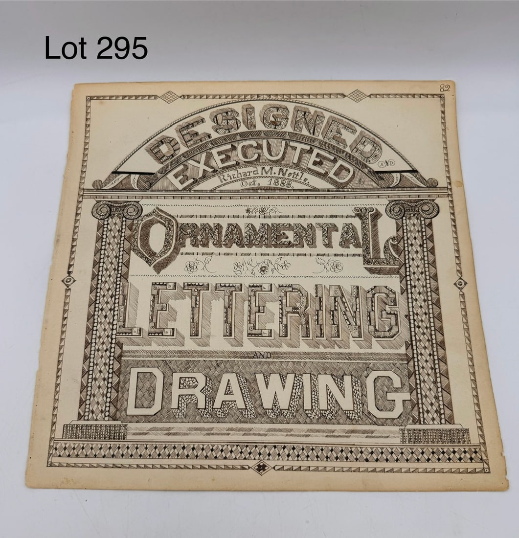 Excellent Pen and Ink Victorian Ornamental Lettering Illustration C1888: An excellent example of a late Victorian penmanship illustration. This page features the lettering 'Designed and Executed by Richard M. Nettle, Ornamental Lettering and Drawing' flanked by columns and