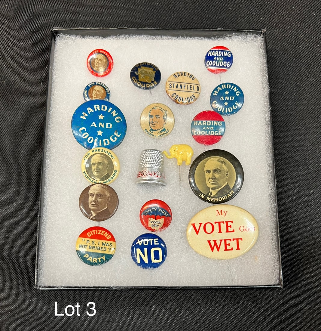 Lot of 18 Harding / Coolidge Prohibition Pins and Thimble: A lot of 18 Harding / Coolidge / Prohibition political pins and a thimble. Many unusual pieces.