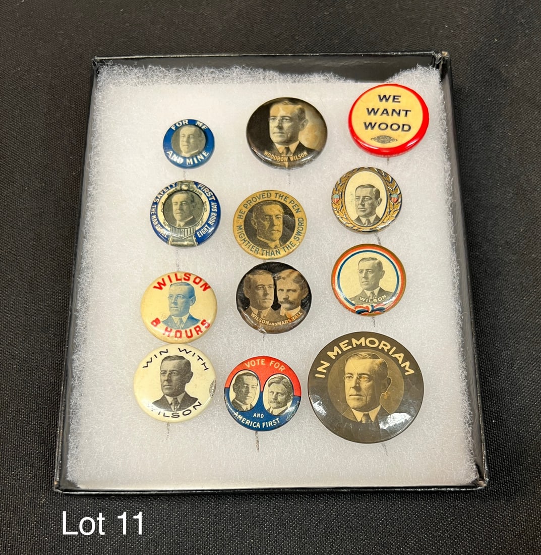 Lot of 12 Woodrow Wilson Original Political Pins: A lot of 12 President Woodrow Wilson original political pins, circa WWI.