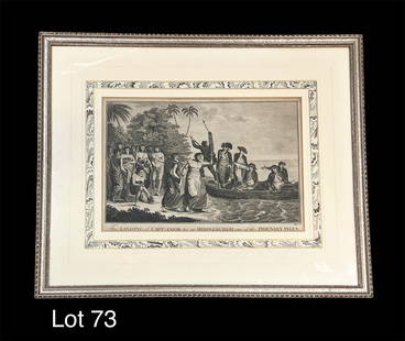 Framed Engraving of Capt. Cook Landing at Middleburgh: A framed engraving of "Captain Cook Landing at Middleburgh, one of the Friendly Isles". Original engraving by William Hodges C1777. Frame measures 17 x 21.5.