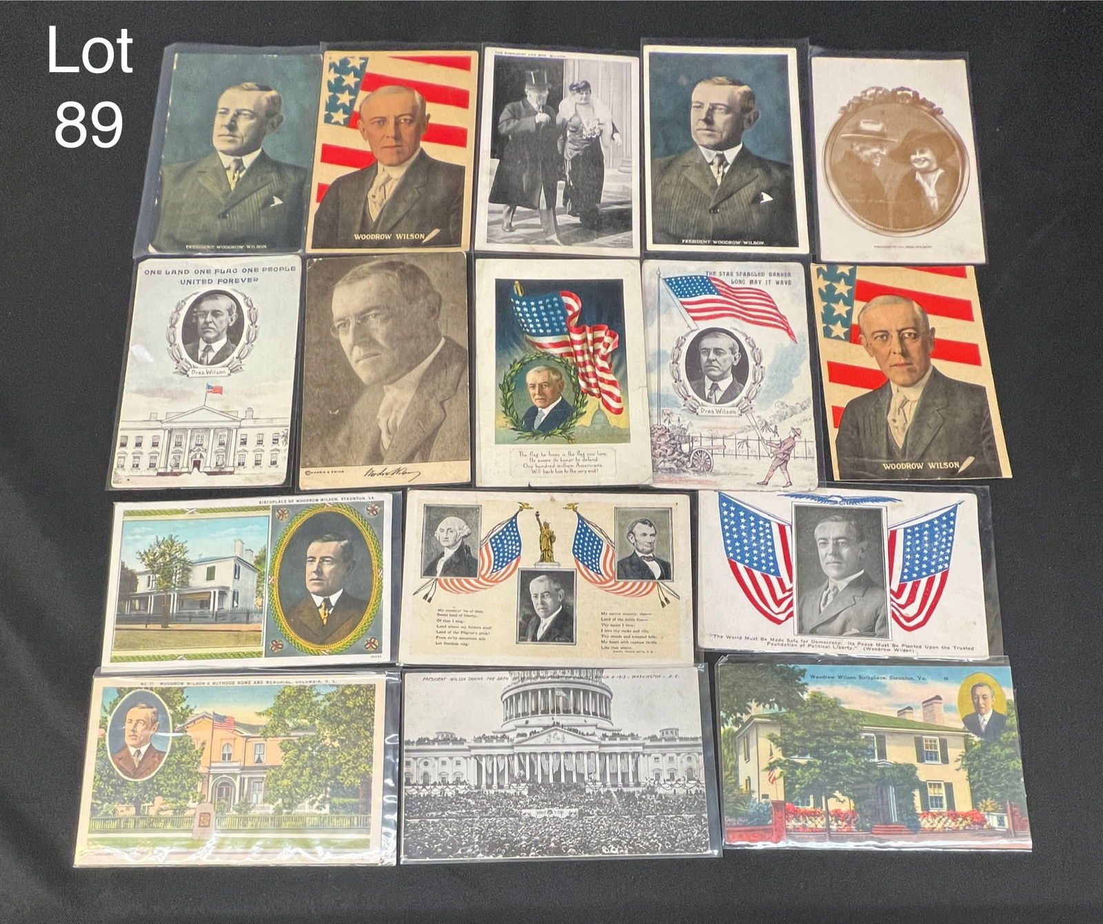 Lot of 16 Woodrow Wilson Postcards: A lot of 16 circa WWI President Woodrow Wilson postcards. Some written on, some mailed, some unused.