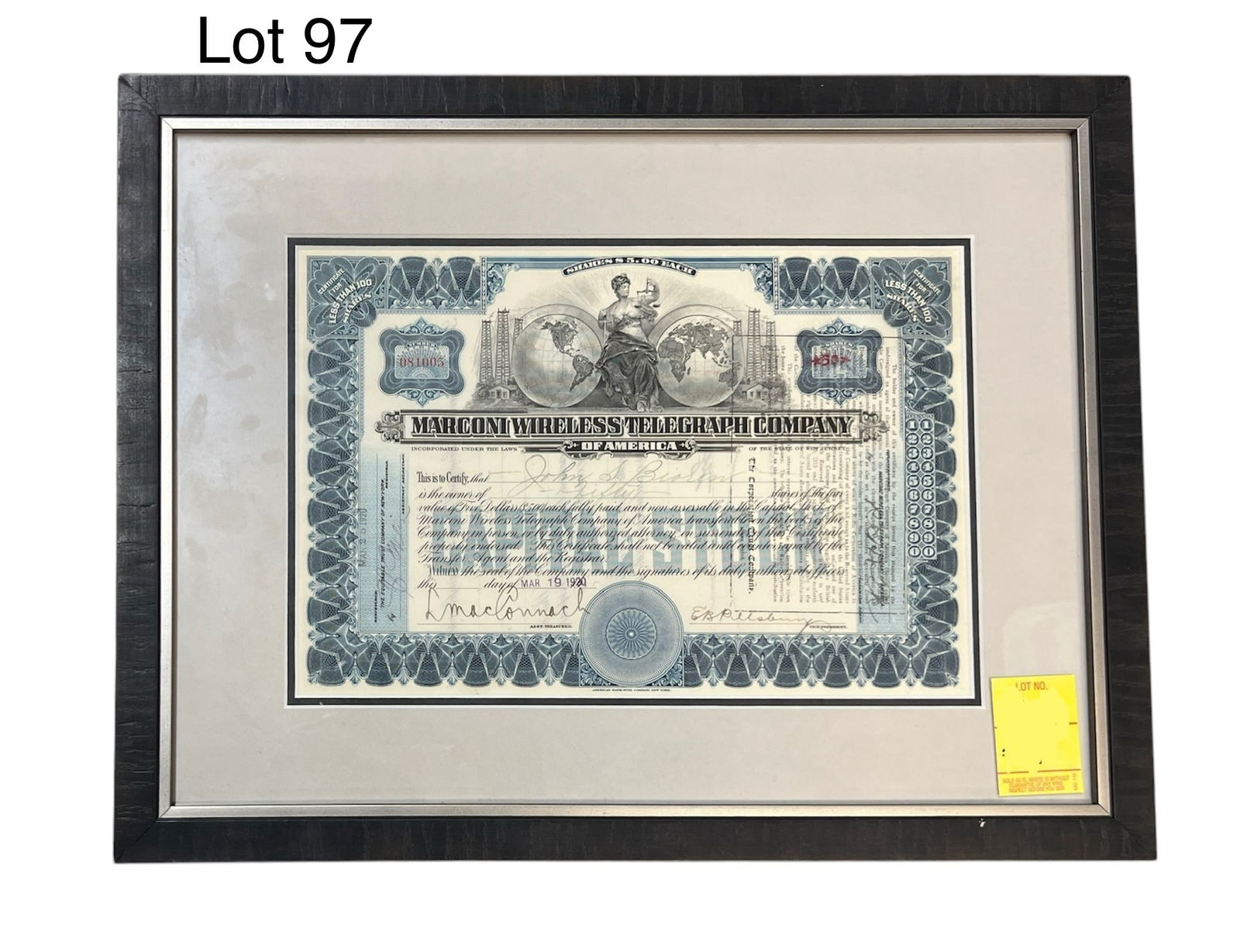 Marconi Wireless Telegraph Company Stock Certificate (1 of 6)