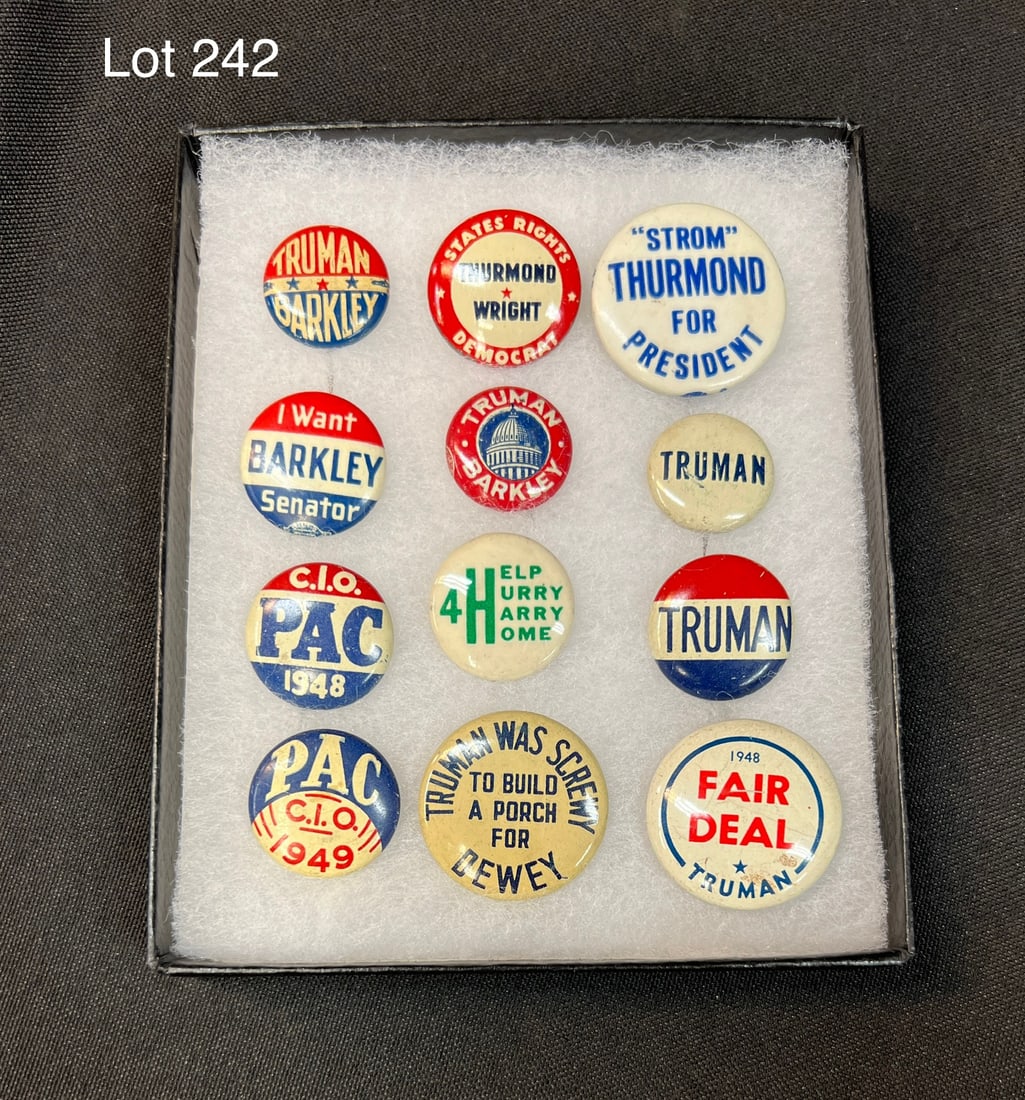 Lot of 12 Truman Related Pins: A lot of 12 pins. Strom Thurmond, Harry S Truman, Barkley, and 1948 Fair deal.