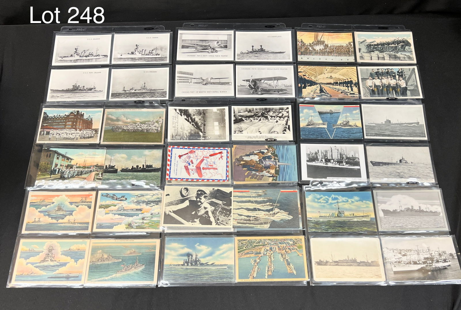 Ten Pages of U S Navy Postcards: Sailors, ships, airplanes, navy bases and more.