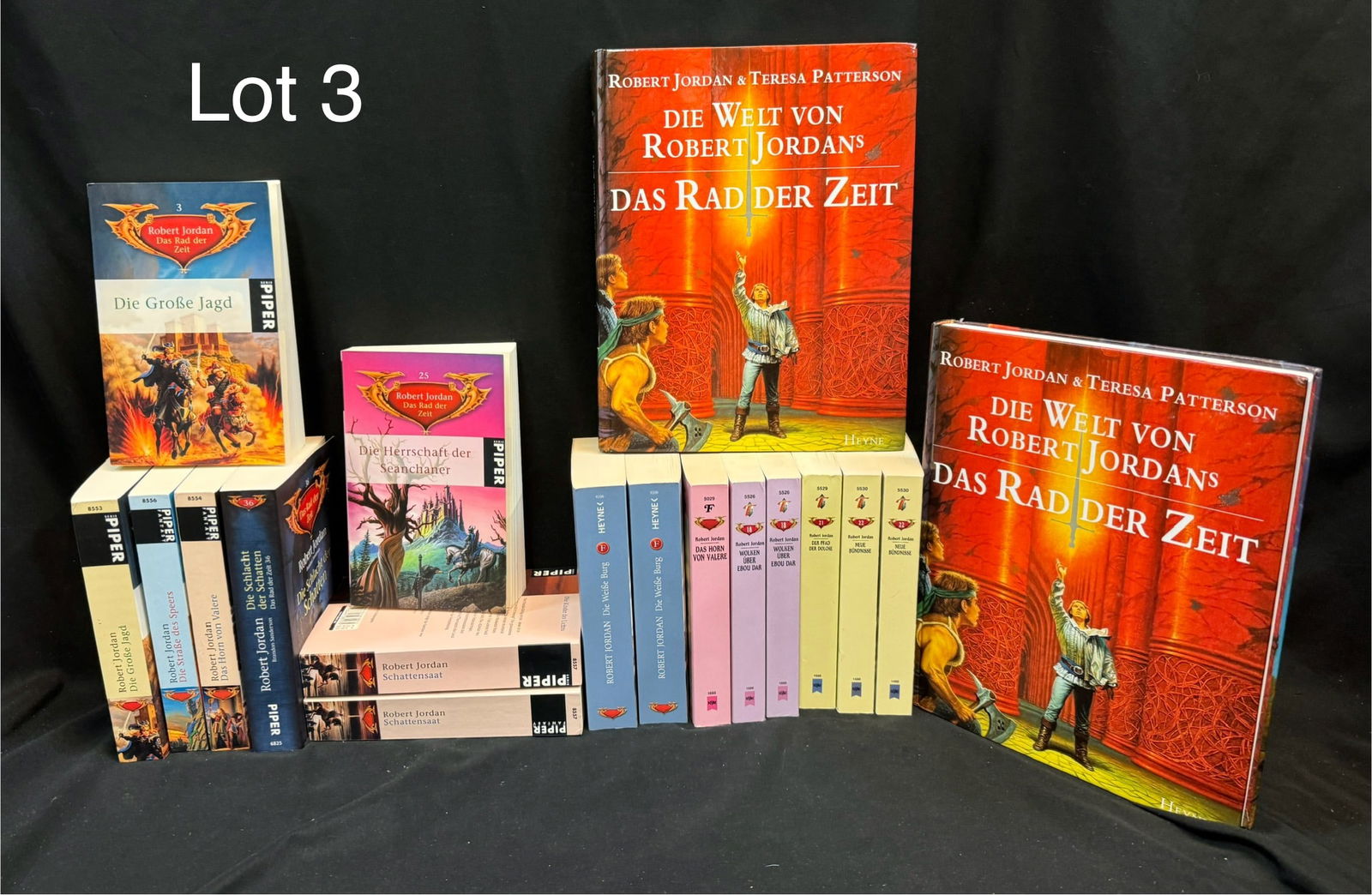 Lot of German Edition Robert Jordan Books: A lot of 18 German edition books from Robert Jordan's 'The Wheel of Time' series. Includes volumes from The Great Hunt, A Crown of Swords, and more.