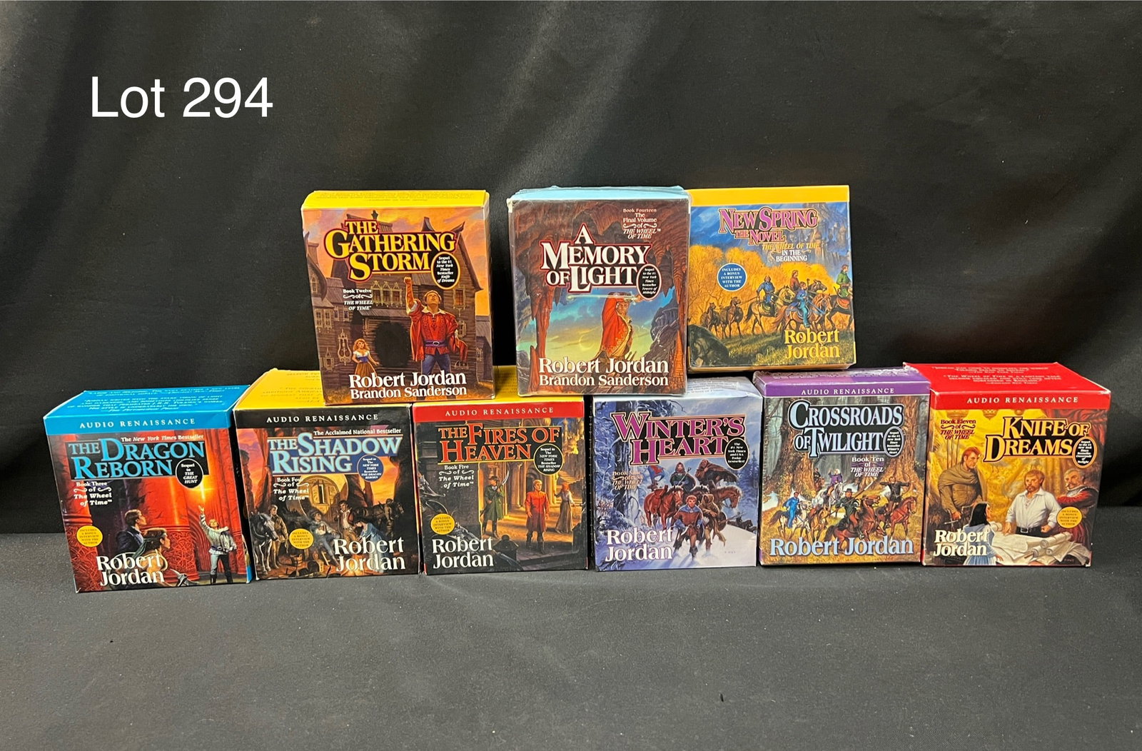 Lot of CD Audiobooks for Titles Within 'The Wheel of Time' Series by Robert Jordan: A group of 9 CD audiobooks from 'The Wheel of Time' series. Titles include 'The Dragon Reborn', 'The Shadow Rising', 'The Fires in Heaven', 'Winter's Heart', 'Crossroads of Twilight', 'Knife of Dreams