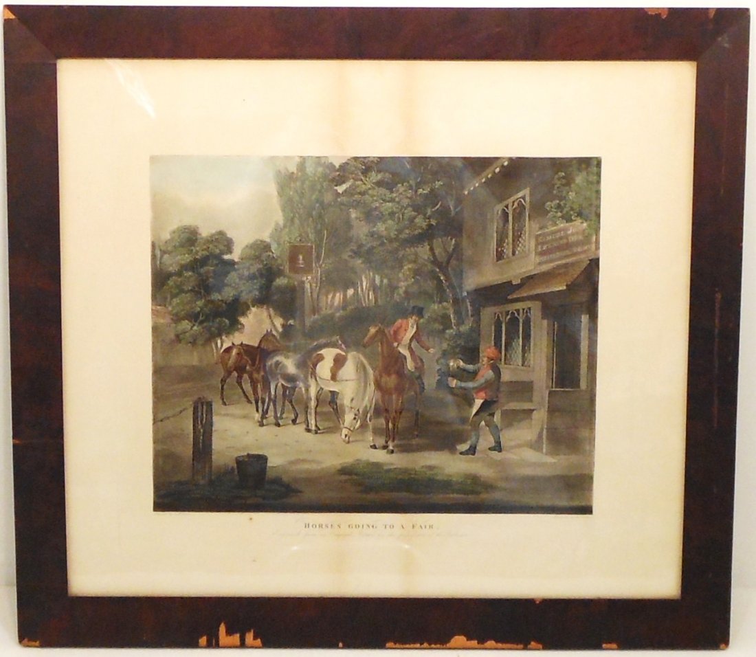 Colored Engraving Jones "Horses Going To A Fair": 18" X 20" in a wood frame, Engraved by W Fellows after a picture by Samuel John E Jones. Good condition with two stain streaks running to bottom through the center, frame is rough.