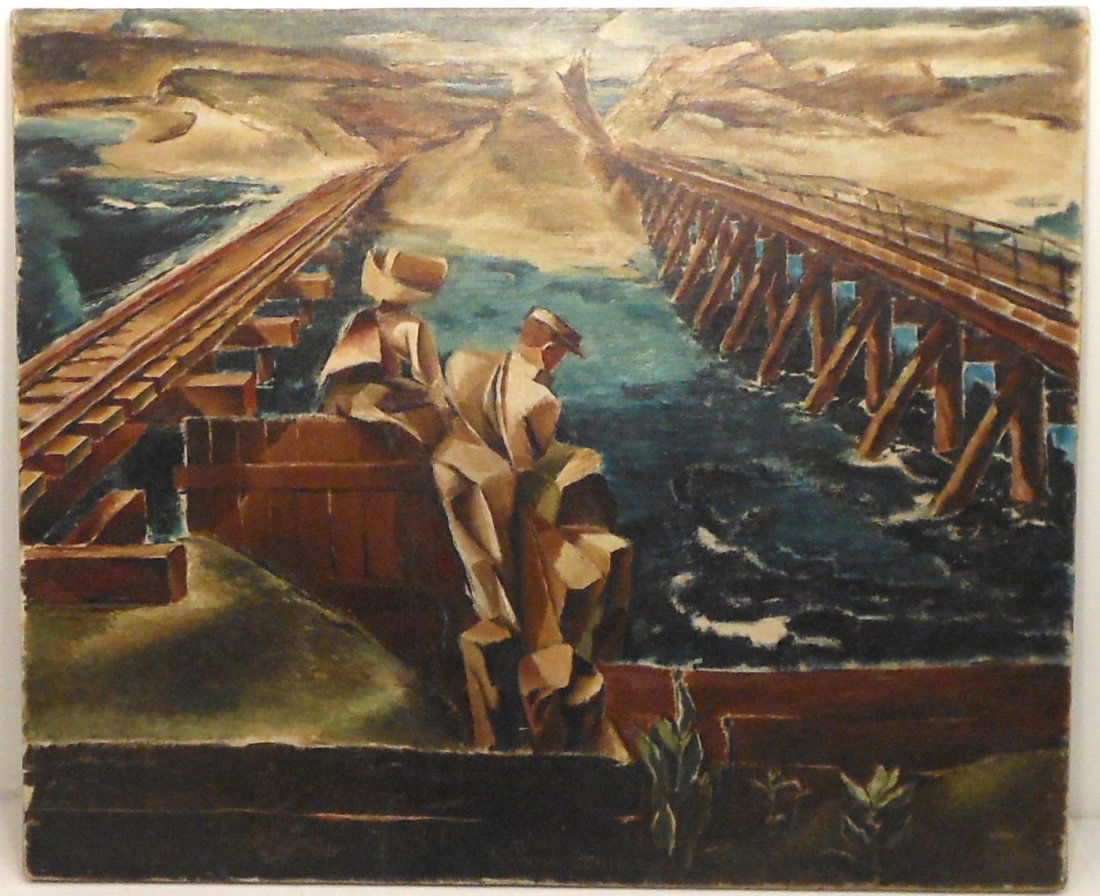 OOC Van Loan Railroad Bridge: 30" X 36" unframed, signed, Dorothy Van Loan American (1930-1999), cubist, oil on canvas painting, painting in great condition with a few scuffs. OVERSIZED ITEMS WILL BE SHIPPED BY DIMENSIONAL WEIGHT.