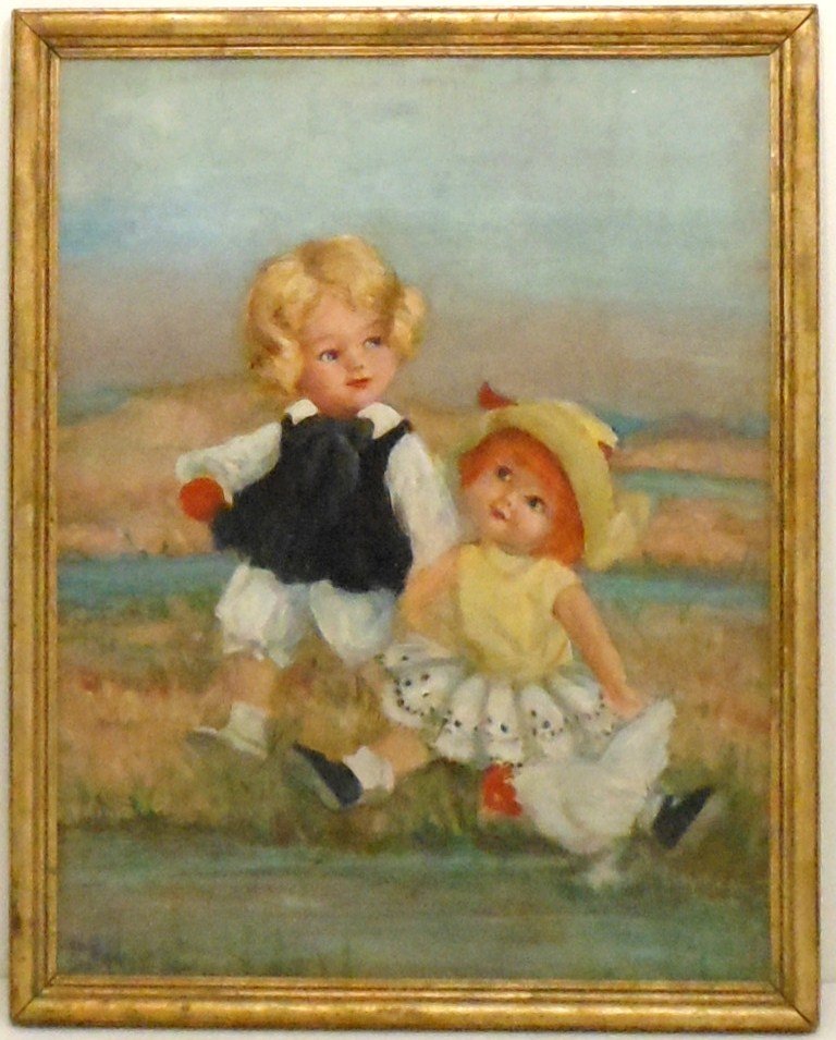 OOB Mabel Farmer Playful Girls: 15" X 20" in a frame, this oil on 'canvas panel' attributed to Mabel McKibben Farmer (1903 - 1974), signed (illegible), frame is rough, painting in good condition, needs a good cleaning.