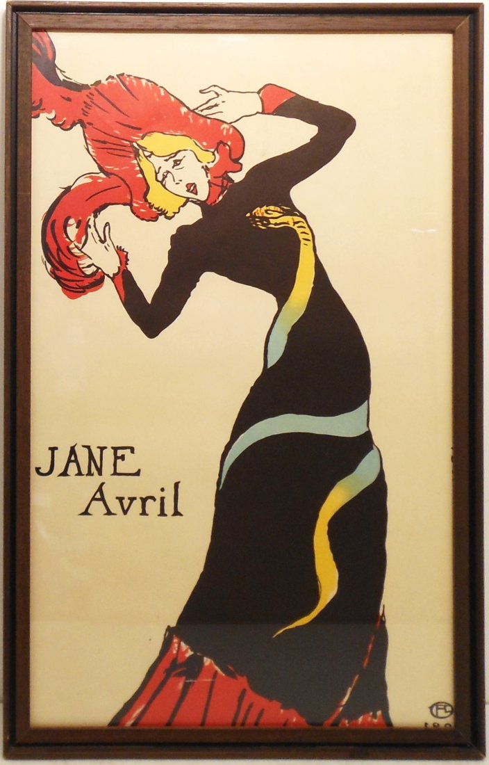 Litho Toulouse-Lautrec "Jane Avril": 16" X 26" in a frame, under glass, Toulouse-Lautrec lithograph poster 1899, framing covers some information, both frame and litho in great condition.