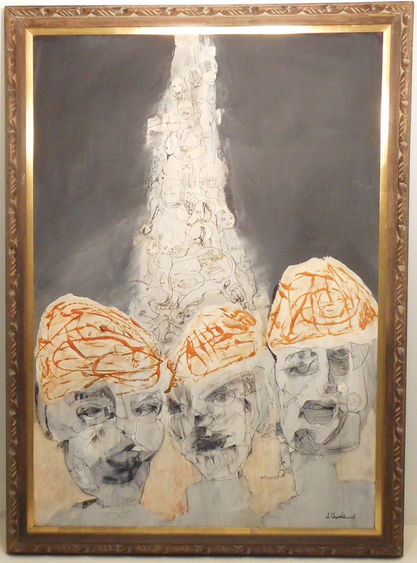 Gouache Jose Unda "The Remembrance": 40" X 28" in a frame, large gouache on board, José Unda (Ecuador) one of the artists who were the nucleus of the modern art movement in Ecuador, 1969, paper label on verso: 12 Annual Exhibit 1969 Sid