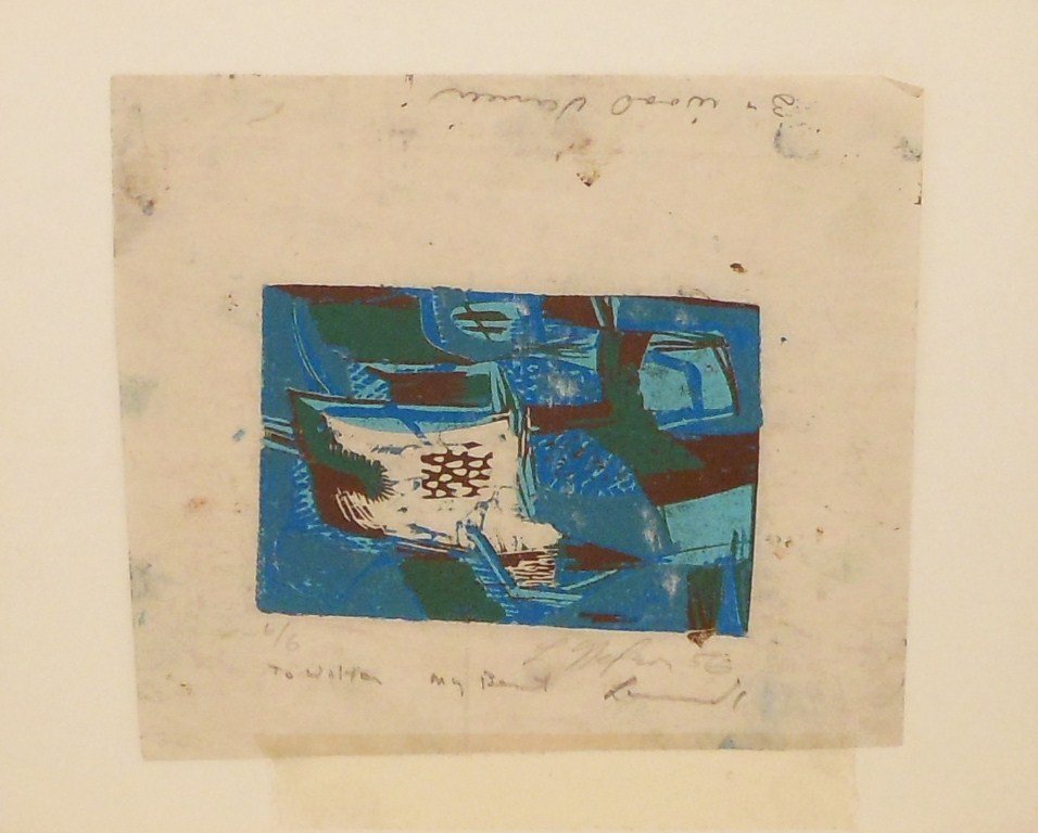 Woodblock Print Leonard Nelson: 3" X 5" woodblock print on a 6 1/2" X 7" paper, Leonard L. Nelson (1912-1993) Abstract Expressionist from Pennsylvania/New York, untitled abstract print signed, dated, and numbered in pencil, 6/6, L.