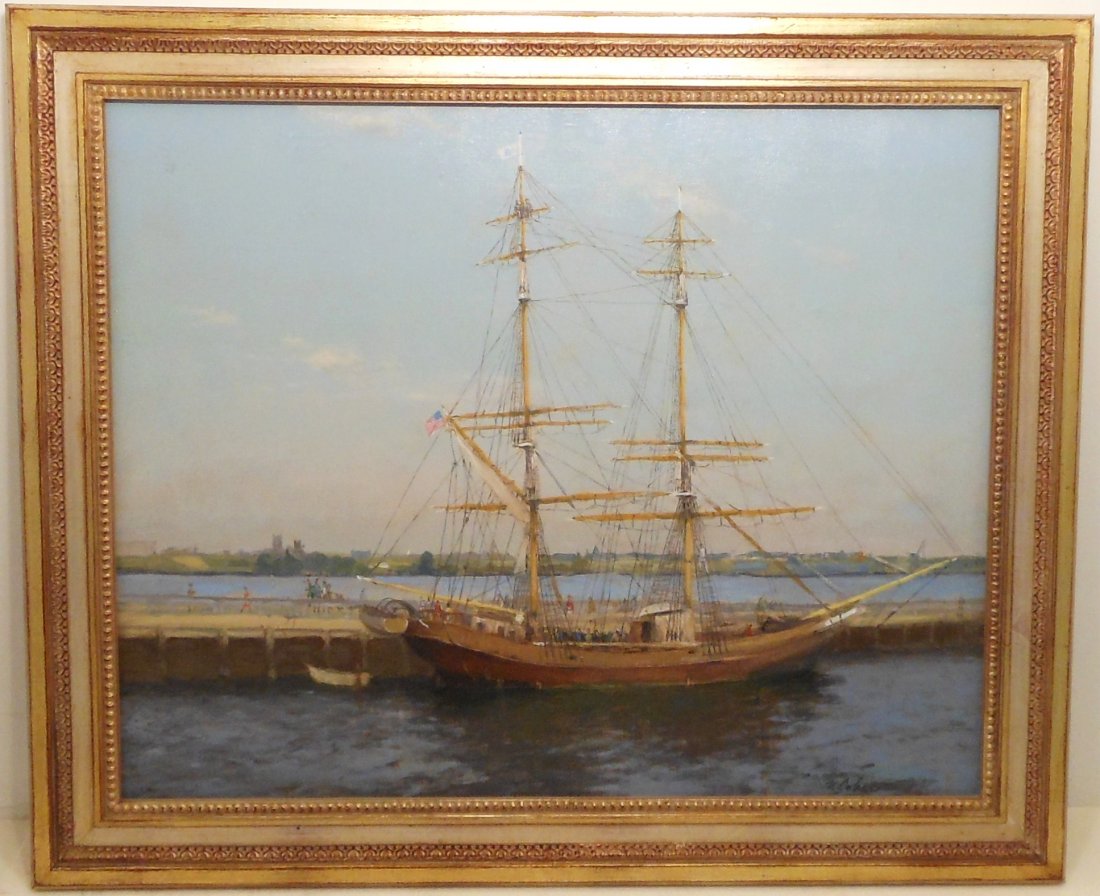 OOC W Coker "Unicorn of Port Everglades": 24" X 29" in a 29" X 35" gilt frame, Walton Coker (1907 - ) American artist, large oil on canvas signed W Coker. Both frame and painting are in great condition. Provenance on verso.