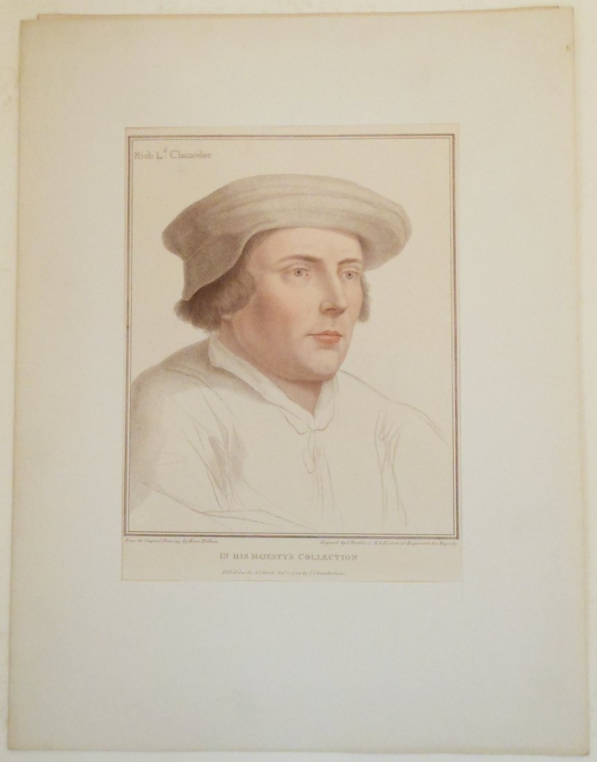 Engraving F. Bartolozzi After Hans Holbien "Rich L. Cha: 12" X 15" image on a 16" X 21" paper, after the original drawing of Rich L. Chancelor by Hans Holbien and engraved by F. Bartolozzi, RA Historical Engraver to his Majesty. IN HIS MAJESTY'S COLLECTION.