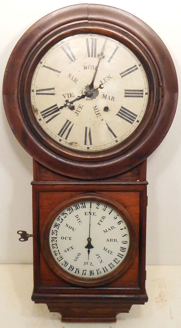 Antique Welch #4 Round Head Regulator Calendar Clock #2: 34 1/2" tall X 17" wide X 4 1/2", Circa 1878, Welch Spring and Co, "No. 4 Round Head Regulator" calendar wall clock 8-day time and strike with Lewis perpetual calendar mechanism, side locking lower do