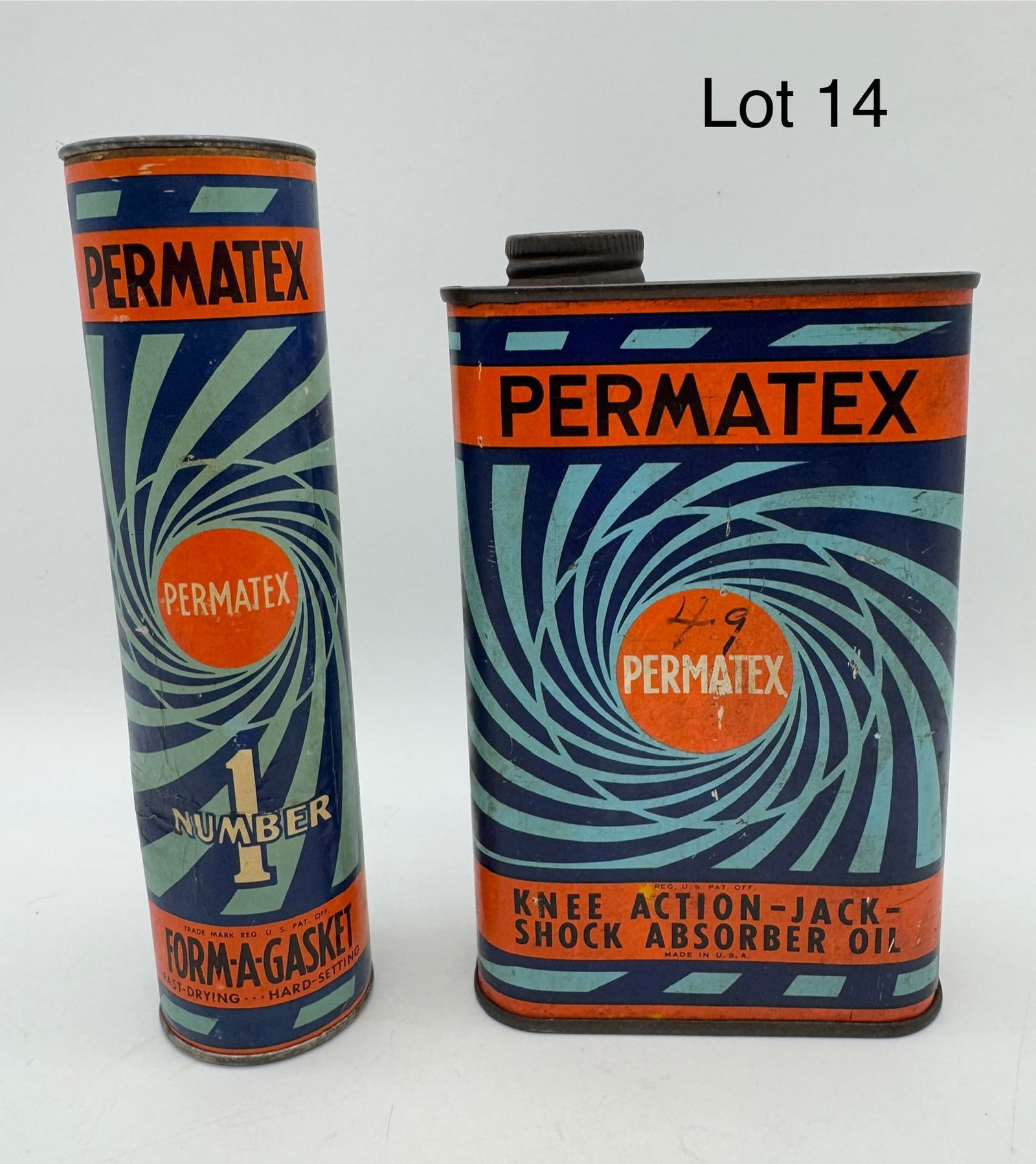 Duo of Vintage Permatex Products: Two vintage auto maintenance products from Permatex, including a 'Number 1 - Form-A-Gasket' in a cardboard tube and a 1 pint 'Knee Action-Jack Shock Absorber Oil' can. Both with original product. Oil