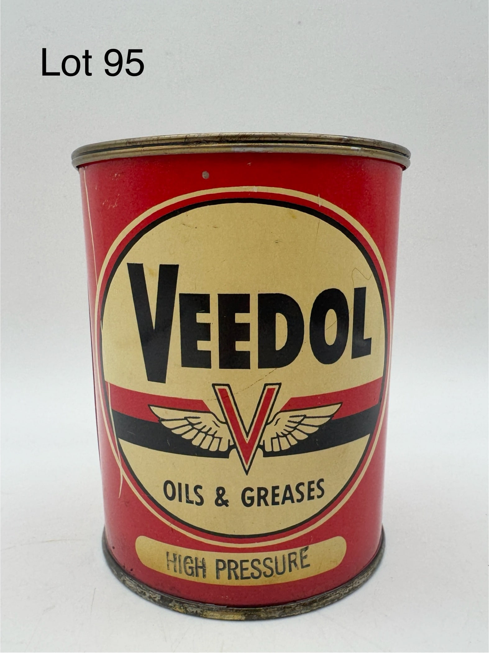 Unopened Vintage Veedol Oils & Greases Can: A vintage 1lb Veedol 'Oils & Greases' high pressure can. Unopened, measures 4 1/4" tall. *note - patina