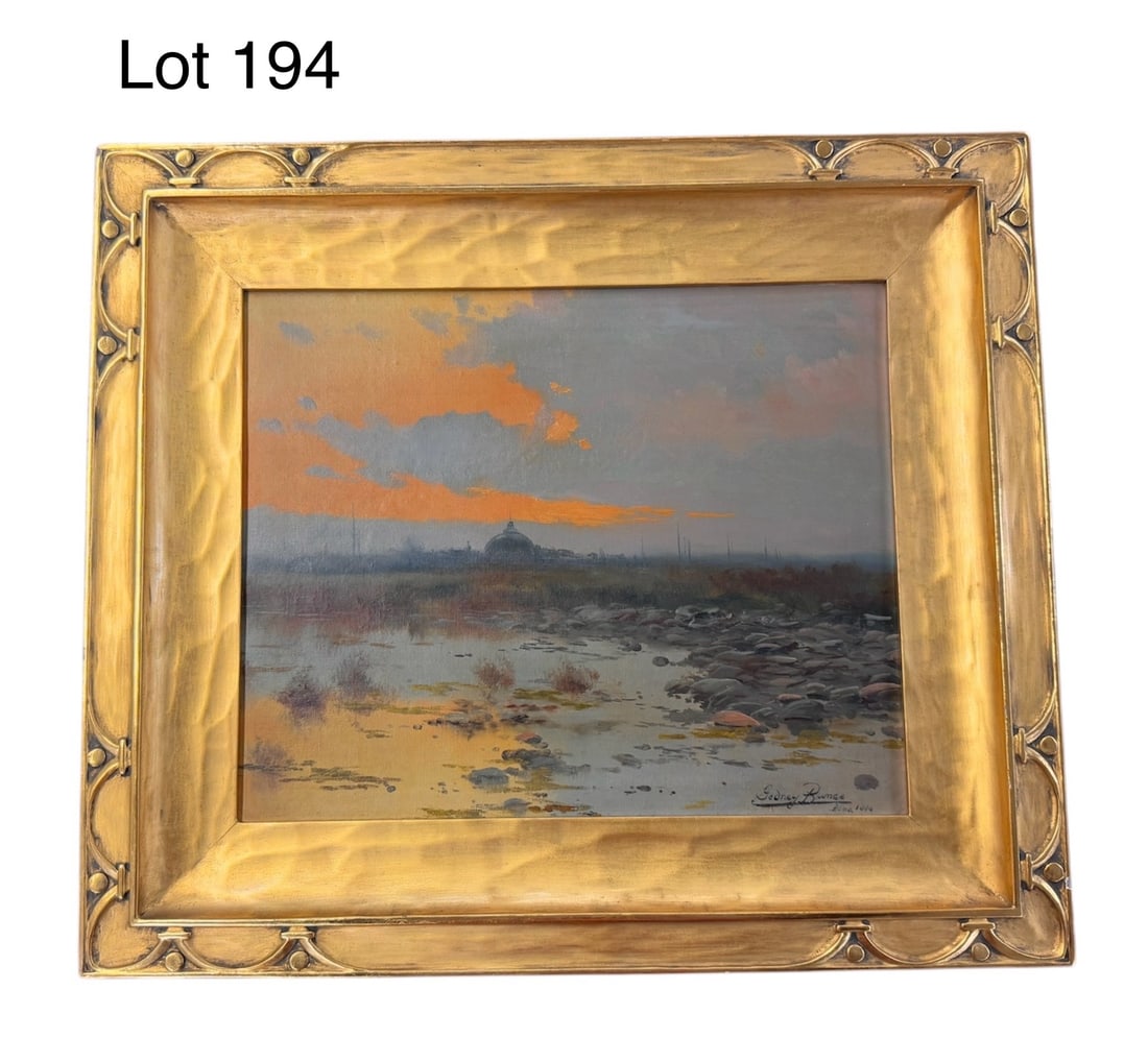 William Gedney Bunce (1840-1916), Oil on Canvas: William Gedney Bunce (1840 - 1916), oil on canvas landscape depicting a stunning fiery sunset with large structures in the background. Signed lower right. In an incredible Newcomb - Macklin gold gilt