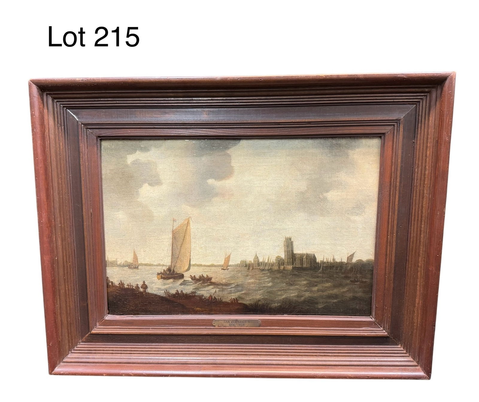 17th C. Oil Painting of Sailing Ships by Jan Josef van Goyen (1596-1656): A fine 17th c. oil on panel of sailing ships just off the coast, a Gothic church in the distance. Painted by Dutch master Jan Josef van Goyen (1596-1656), this work is shown in a gilt frame with a bra